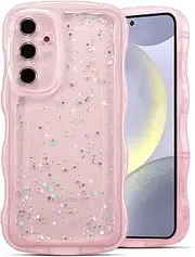 [QLTYPRI] Compatible with Samsung Galaxy A55 Case, Cute Curly Wave Frame Clear Glitter Case for Girls Women, Sparkle Bling Soft TPU Bumper Transparent Shockproof Phone Cover for Galaxy A55 5G-Pink