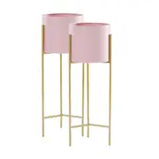 SOGA 2X 2 Layer 60cm Gold Metal Plant Stand with Pink Flower Pot Holder Corner Shelving Rack Indoor Display