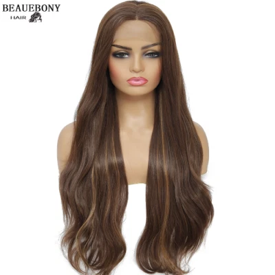Blonde Highlight Lace Front Wig Synthetic Long Loose Wave Middle Part Highlight