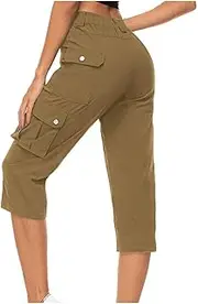 [WAJCSHFS] Cargo Pants Women Low Waisted Drawstring Capri Pants Outdoor Hiking Casual Pants Lightweight Jogger Pants, Z09-brown