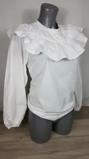 Topshop white long sleeved top crochet ruffle blouse UK 8 EUR 36 S152