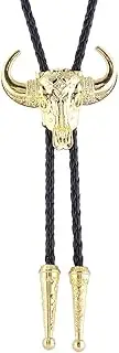 GelConnie Longhorn Bull Bolo Tie for Men Native American Western Cowboy Leather Necktie Bolo Necklace for Women Gold Texas