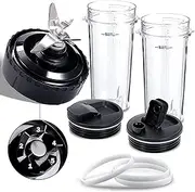 8 Pieces Blender Replacement Parts Compatible with Nutri Ninja,5 Fins Extractor Blade with 2 16oz Cups & 2 To-Go Lids & 3 Rubber Gasket Accessories for Ninja QB3000/QB3000SSW/QB3004/QB3005