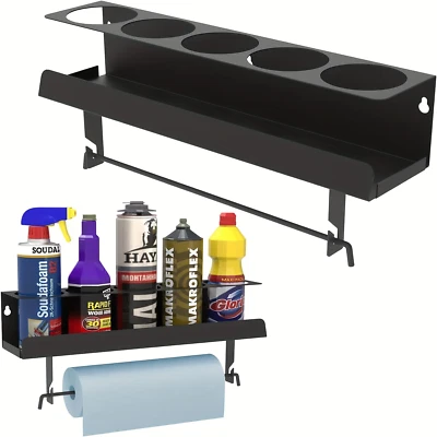 Aerosol Spray Can Holder with Paper Towel Rack - Wall-Mounted 5 Can Organizer fo