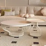 EKDJSN Nesting Coffee Table, White Rock Slab Coffee Table, Stacking Side Tables with Large Storage Space, Carbon Steel Side Table, High Edge Design, for Living Room