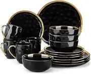 [LOVECASA] Black and Gold Dishes Sets, Stoneware Dinnerware Sets for 4, 16 Piece Plates and Bowls Sets, Handmade Dinnerware with Gold Trim, Dishwasher Safe Dinner Set
