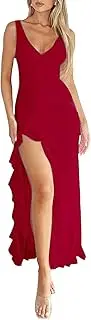 [Generic] Long Dresses for Women Summer V Neck Sleeveless Mesh Ruffle Hem Maxi Dress Slim Fit Split Backless Cocktail Dress
