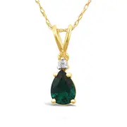 Diamond Set Pear Created Emerald Necklace in 9kt Yellow Gold