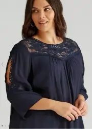 Autograph Top Plus Size 24 Tunic Shirt Blouse Navy Lace 3/4 Sleeve Viscose Blend
