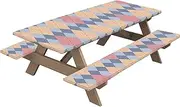 Picnic Table Cover with Bench Covers Tablecloth Cover with Elastic Edge Waterproof Polyester Camping Tablecloth Windproof Long Chair Covers Set for 6FT Rectangle Tables and Chair(Geometry)