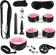 11PCS Bondage Set Erotic Suit Sex Bondage Toys for Couples Bed Restraints Set Adjustable Neck and Leg Cuffs Kit Sexy Swing Sex Restraintants Set with Anal Plug Trainer Kit (Red) (Pink)