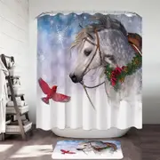 Snowy Christmas with Red Bird and White Horse Shower Curtain