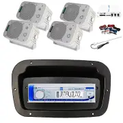 Dual Marine Radio,Spa Bezel,Adapter,Antenna,Amp,Kit, 4x 5.25" 400W White Speaker