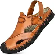 [Dabbqis] Mens Sandals Leather Closed Toe Outdoor Summer Anti-Slip Beach Sandals, Brown, 11 UK