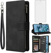 [Asuwish] Mobile Phone Case for Google Pixel 8 Pro Case with Film, Screen Protector and Card Slot, Foldable Leather Wallet Stand Pixel8Pro 8Pro 5G Zip Mobile Phone Cases Protective Phone Case Black