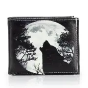 Collections Etc Unique Howling Wolf Bi-Fold Leather Wallet Black