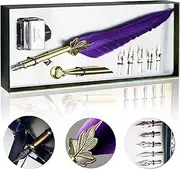 DSWINCE Feather Calligraphy Pen Set for Beginners,Metal Nib Writing Quill Ink Pen Vintage Fountain Dip Pen Gift Set (Purple feather quill)