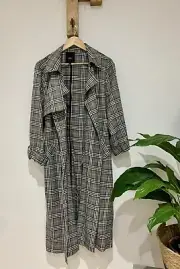 £70 NWT River Island Grey Black Mix Check Tweed Long Duster Trench Coat Size L
