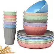 Wheat Straw Dinnerware Set, 18 Pcs Unbreakable Reusable Plates, Cups and Bowls Set for 6, Lightweight Dinner Plates and Bowls, Top-Rack Dishwasher Safe