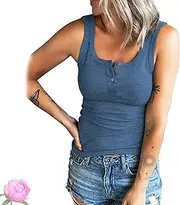 2024 Casual Ribbed Sleeveless Basic Cami Top Ribbed Knit Button Up T Shirts Slim Fit Stretchy Tank Top