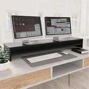 BECLOH 2-Tier Large Dual Monitor Riser,Extra Long TV Stand Riser Monitor Stand for 2 Monitors Wood Desktop Riser with Storage for Dual Screen Office Desk,100 x 24 x 13 cm,Black