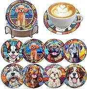 Zythron 8 PCS Dog Diamond Art Coasters Diamond Painting Coasters Kits with Holder Dog DIY Coasters for Beginners, Adults, Diamond Art Crafts Supplies 4x4 in
