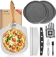 Pizza Peel Pizza Pan Set, 7Pcs Pizza Oven Accessories, 12 Inch Metal Pizza Paddle (12"x 14") with Foldable Wooden Handle, 2 Pizza Pans, Rocker Cutter, Pie Server, Oven Mitts, Oil Brush