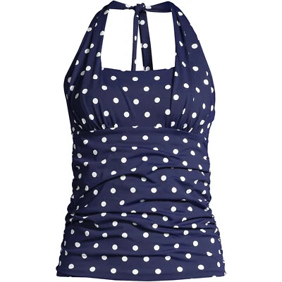 New Lands' End Women's Square Neck Halter Tankini Top 525392 Deep Sea Polka Dot
