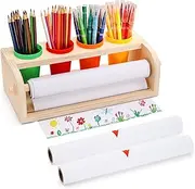Nagpew Wood Tabletop Paper Roll Dispenser, Drawing Paper Roll Holder with Pencil Cups, 11.4'' x 32.8ft White Bond Paper, Desktop Easel for Drawing, Writing, Doodle, Craft