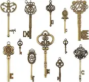 ZLKSKER Vintage Skeleton Key Set Filigree Steampunk Keys Antique Bronze Charm Pendants, Pack of 12