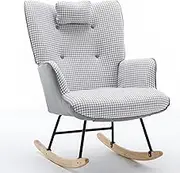 SPOFLYINN 35.5” Nursery Rocking Chair Cotton Linen Upholstered Glider Chair with High Backrest Armchair for Living Room Bedroom Light Grey