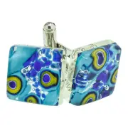 Murano Glass Cufflinks Light Blue Yellow Millefiori Pair Square