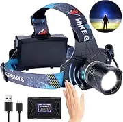 LED Rechargeable Headlamp, Headlight 90000 Lumens Super Bright with 6 Modes & IPX5 Warning Light, Motion Sensor Adjustable Headband Head Lamp, 60° for Adult Outdoor Camping Running Cycling