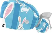 [YTYVAGT] 2-Pc,Gourd-Shaped Working Cap,Fisherman Hat with Buttons and Cotton Sweatband,Bunnies on Blue Stripe
