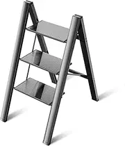 3 Step Ladder Aluminum Lightweight Folding Step Stool Wide Anti-Slip Pedal 330 Lbs Capacity Household Office Portable Stepladder, Black