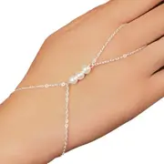 Pearl Finger Ring Bracelet Silver Slave Bracelet Hand Chain Everyday Jewelry for Women and Teen Girls (Silver)
