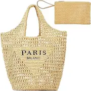 [QZUnique] Women Straw Woven Bag Summer Shoulder Bag Beach Purse Hobo Vacation Straw Clutch Handbag, Beige