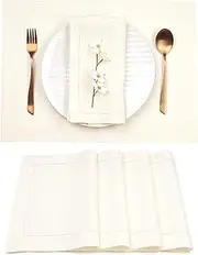 D'Moksha Homes Ivory Linen Placemats Set of 4-14 x 19 Inch, 100% Pure Linen Cloth Placemats, Classic Hemstitch Ivory Table Placemats for Spring, Summer, Indoor, Outdoor - Easy Care Machine Washable
