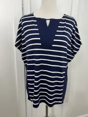 Chico's Woman's Top Shirt Sz 3 (XL 16) Navy White Striped Short Flutter Sleeve