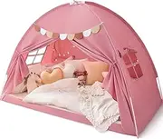 Avrsol Bed Tent Twin, Play Tent Twin Bed Canopy for Kids Girls, Tent for Bed Toddler Tent Bed with Pennant Banners, Pink Tent Playhouse Bed Tents for Twin Size Bed with Star Lights