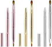 Oviovky 3 Pack Retractable Double-Ended Lip Brush, Lipstick Liner Brush, Lip Gloss Applicator, Soft Synthetic Bristles, Gold, Silver, Rose Gold