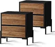 Oikiture Bedside Table Nightstand Storage — 2X Drawer Side Tables in Faux for Bedroom Decor Walnut