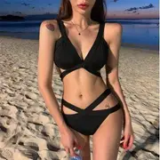 Set: Plain Bikini Top + Cutout Bottom Set of 2 - Wireless - Top - Black - L / Bottom - Black - L