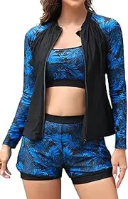 [SHEKINI] Women's 3 Piece Rash Guard Zipper Long Sleeve Wetsuit Top Padded Sports Bra with Boyshort Modest Swimsuit Set, Black, Blue Leaves, L