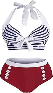 Striped Halter Button Embellished Tied Tankini Sets Wire Free Swimwear Women Summer High Waist Bathing Suit