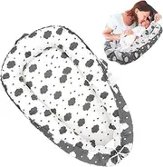 Loevin Baby Lounger for Newborn Cotton,Baby Nest Cosleeping for Baby in Bed with Handles,Newborn Lounger Adjustable Size & Inner Zipper Lengthen Space to 24 Months(Gray White Cloud)