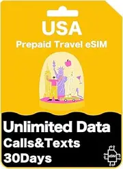 USA & Hawaii Prepaid Travel eSIM Card - Unlimited 5G/4G Speed Data, Unlimited National Calls and Texts for 30 Days - T Mobile