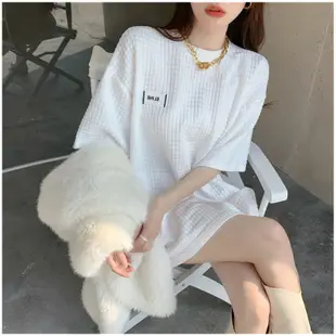 純棉短袖T恤女2023夏季韓版學生寬鬆白色格子中長款百搭女裝上衣