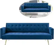Foret 3 Seater Sofa Bed Velvet Fabric Lounge Seat Couch Recliner Futon - Blue