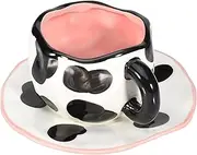 Koythin Ceramic Coffee Mug with Saucer, Cute Unique Handmade Cup for Women for Office and Home, Dishwasher and Microwave Safe, 10 oz/300 ml for Latte Tea Milk (Black Cow)